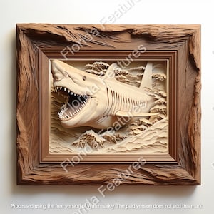 Wood Framed Great White Shark, Carved Look, Easy Cut Image, Instant Download PNG SVG, 3D Illusion, Laser Etch and Cut, Killer Attack