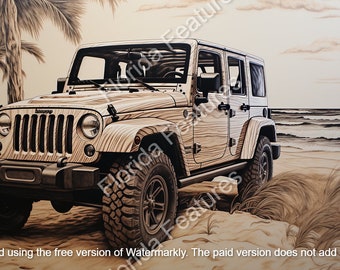 Jeep on Beach, 4x4, Laser Etch Burn Wood Files, High Quality Digital Download PNG SVG, Easy Laser Images, 3D Illusion, Hanging Sign