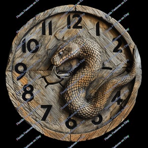 May include: A wooden clock face with Roman numerals and a snake design. The snake is brown and black and is wrapped around the clock face. The clock face is distressed and has a rustic look.