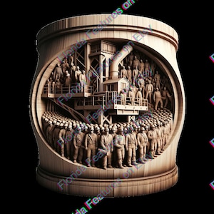 May include: A wooden sculpture depicting a group of people standing in a circle around a large, industrial-looking machine. The sculpture is carved in a realistic style and the people are all wearing hard hats and work clothes.