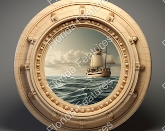 Port Hole Sail Boat at Sea, 300 DPI, Laser Etch Burn Carved Look, Quality Digital PNG SVG, 3D Illusion, Cnc Style