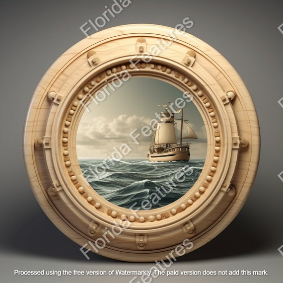 帆船の舷窓 3D イリュージョン：レーザーカット CNC 木製アート (PNG