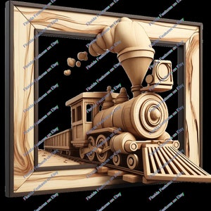 May include: A wooden model of a vintage steam train with a large smokestack and wheels. The train is in a wooden frame with a brown wood grain pattern.