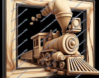 Framed Steam Coal Train | 3D Illusion | Laser Burn PNG Digital File | Perfect Wood Engraving | Laser Ready Design Instant Download