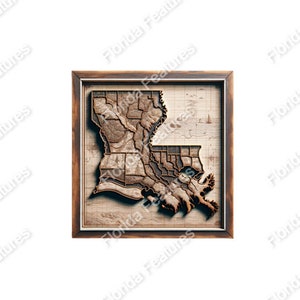 Louisiana 3D Map Picture Wood Framed State USA | 3D Illusion | Laser Etch SVG PNG Format Wood Engraving Etching Digital Laser Design Files