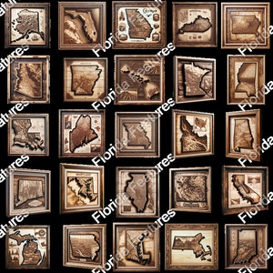 50 3D Map Picture Wood Framed States USA | 3D Illusion | Laser Etch SVG PNG Format | Wood Engraving Etching  Digital Laser Design Files Pack
