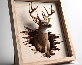 3D Illusion | Laser Burn PNG Digital File | Perfect Wood Engraving | Laser Ready Design | Instant Download | Deer| Framed Buck