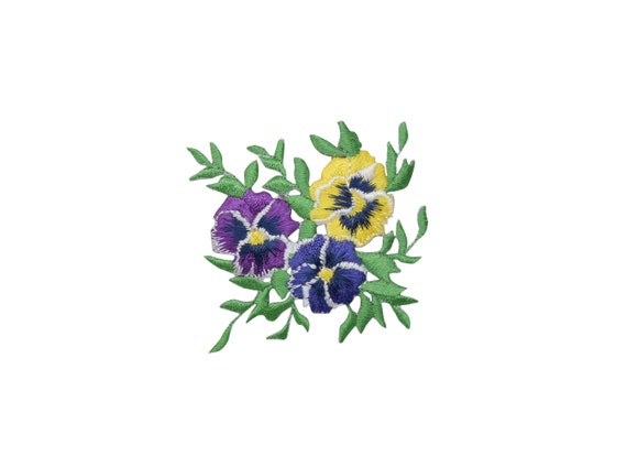 Iron on Pansy Flowers With Long Stem Applique Patch