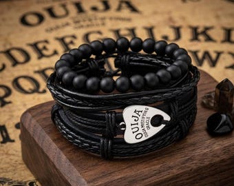 Ouija Planchette Leather Bracelet Stack | Witchy Spirit Board Jewelry (Adjustable)