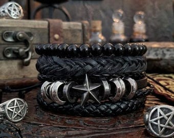 Black Star Adjustable Bracelet Stack | Grunge Rockstar Studded Bracelet | Punk Aesthetic Adjustable Jewelry Gift for Men Women
