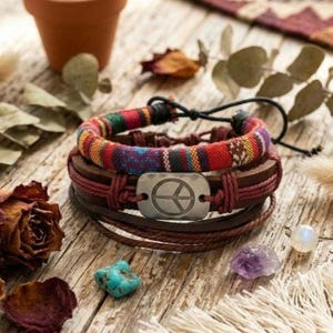 Peace Symbol Leather Wrist Stack | Boho Hippie Festival Bracelet Set | Aesthetic Summer Jewelry Gift for Men & Women