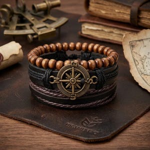 Pulsera apilable de rosa de los vientos / Joyería de feria renacentista pirata / Amuleto náutico para viajeros / Regalo significativo para hombres y aventureros