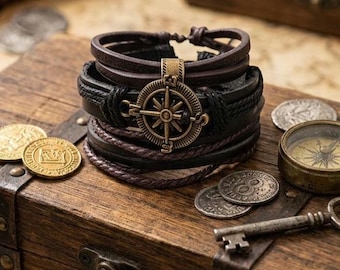 Pulseras apilables con brújula pirata / Joyería aventurera de feria renacentista / Talismán náutico / Pulseras ajustables para hombres y mujeres