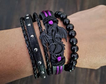 Fantasy Dragon Bracelets, Purple Dragon Bracelets, Medieval Adjustable Bracelets for Men Women