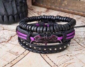 Bat Bracelet Set, Gothic Leather Bracelets. Emo Bracelets, Adjustable Bracelets for Men Women