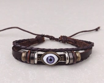 Purple Evil Eye Bracelet, Medieval Bracelet, Pagan Bracelet, Adjustable Bracelet for Men Women