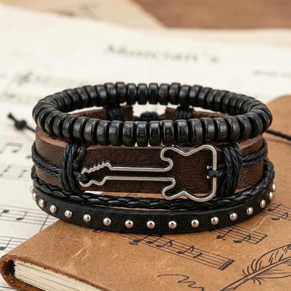Guitar Bracelet Stack | Gift for Guitarist Musician | Rockstar Stackable Bracelet | Adjustable Bracelets for Men Women