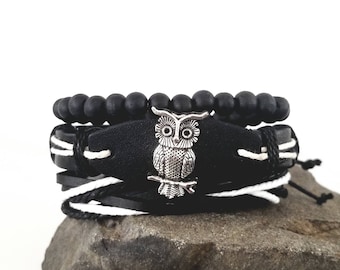 Owl Black & White Leather Bracelet Set