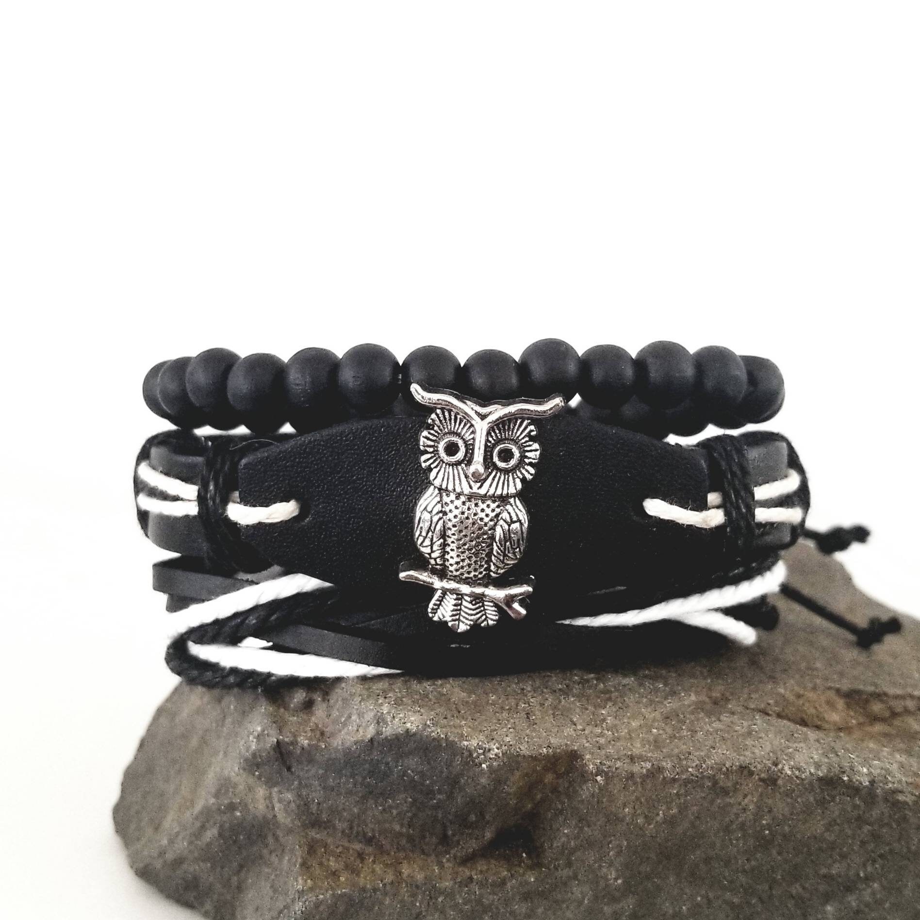 Owl Black & White Leather Bracelet Set