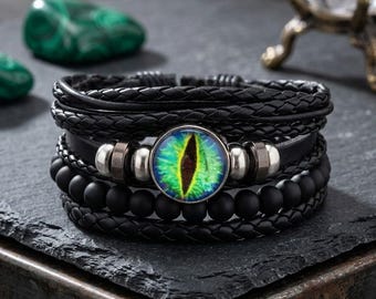 Pulsera apilable de ojo de dragón gótico / Pulsera de cosplay de fantasía medieval / Joyería Dragoncore para gamers y LARP / Amuleto de criatura mítica
