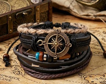 Pulsera apilable de rosa de los vientos / Joyería de feria renacentista pirata / Amuleto náutico para viajeros / Regalo significativo para hombres y aventureros