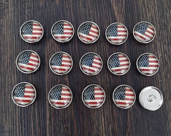 Rustic American Flag Snap Buttons, 20mm USA Cabochons, Set of 15