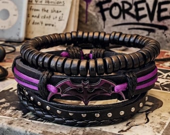 Nocturnal Purple Bat Gothcore Wrist Stack | Dark Aesthetic Vampire Noir Bracelet | Alternative Emo Adjustable Gift for Her & Him