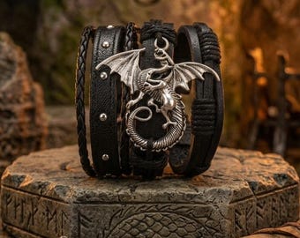 Renaissance Flying Dragon Bracelets, Medieval Dragon Bracelet Set, Goth Bracelets
