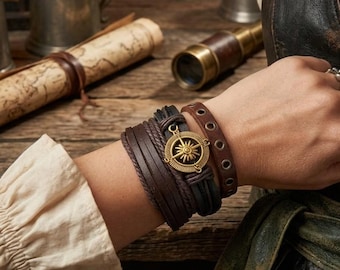 Pirate Compass Bracelet Stack | Renaissance Faire Adventurer Jewelry | Nautical Wayfinder Talisman | Meaningful Gift for Men Women