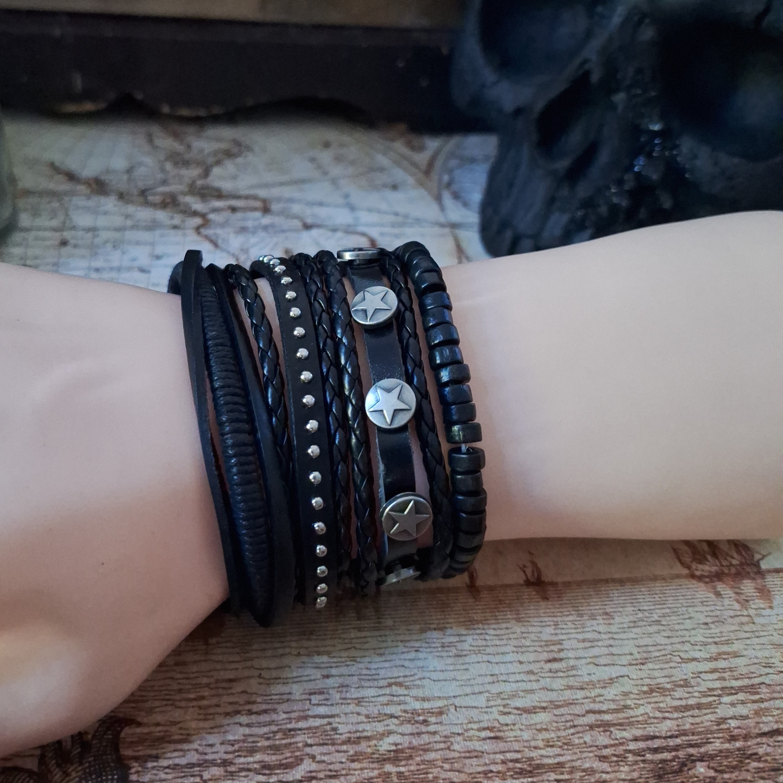 Stars Bracelet Set, Gothic Leather Bracelets. Emo Bracelets