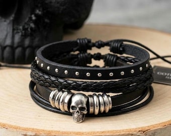 Gothic Skull Bracelet Stack | Biker Bracelet | Grunge Adjustable Jewelry