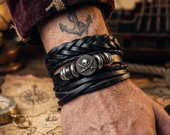 Skull Bracelet Stack | Pirate Adjustable Bracelet Set | Grunge Stackable Jewelry for Men & Women