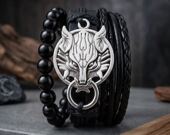 Conjunto de pulseras de cuero con diseño de lobo vikingo Fenrir / Joyería mitológica con tótems para cosplay, estilo gótico y alternativo.
