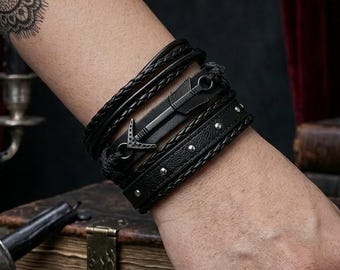 Black Arrow Leather Bracelet Stack | Modern Archer Bracelet | Urban Nomad Adjustable Jewelry
