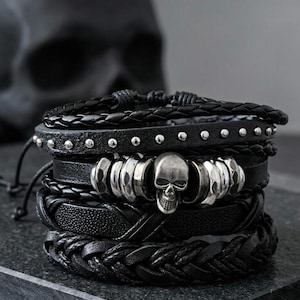 Gothic Skull Bracelet Stack | Heavy Metal Biker Bracelet | Grunge Aesthetic Adjustable Stackable Jewelry for Men & Women