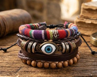 Evil Eye Bracelet Stack | Boho Festival Leather Bracelet Set | Spiritual Protection Amulet Gift for Men Women