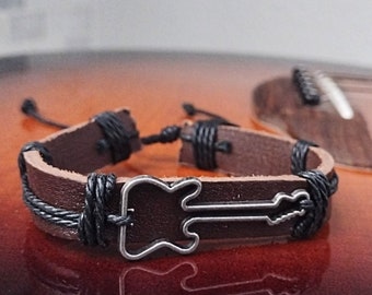 Guitar Leather Bracelet, Adjustable Bracelet for Youth, Gift for Music Teacher