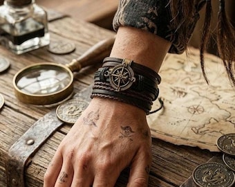 Pirate Compass Bracelet Stack | Steampunk Wayfinder Bracelet | Medieval Renaissance Faire Jewelry Gift