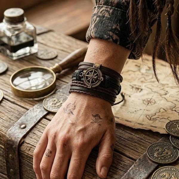 Pirate Compass Bracelet Stack | Steampunk Wayfinder Bracelet | Medieval Renaissance Faire Jewelry Gift