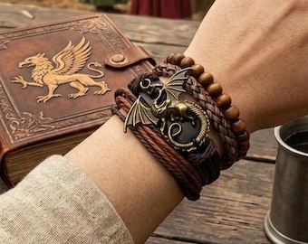 Flying Dragon Bracelet Stack | Medieval Fantasy Cosplay Jewelry | Pirate Ren Faire Dragoncore Adjustable Bracelets