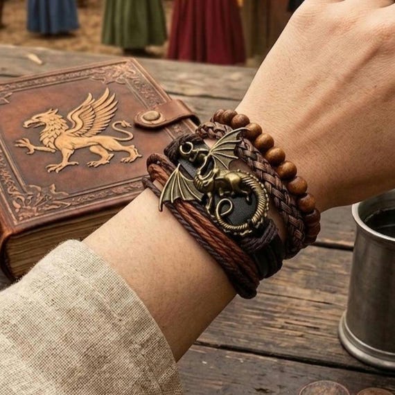 Flying Dragon Bracelet Stack | Medieval Fantasy Cosplay Jewelry | Pirate Ren Faire Dragoncore Adjustable Bracelets