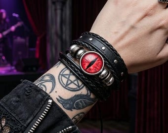 Red Dragon Eye Leather Bracelet Stack | Medieval D&D LARP Cosplay Jewelry
