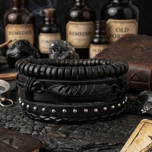 Black Crow Feather Bracelet Stack | Gothic Raven Leather Bracelet | Witchy Alt Adjustable Jewelry for Men & Women