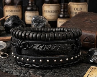 Black Crow Feather Bracelet Stack | Gothic Raven Leather Bracelet | Witchy Alt Adjustable Jewelry for Men & Women