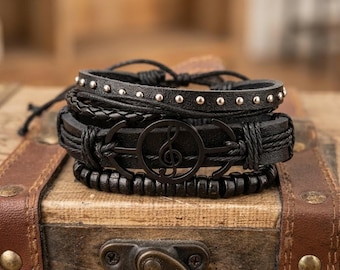 G Clef Bracelet Stack | Musician Bracelet | Rockstar Leather Jewelry for Bassists & Guitarists
