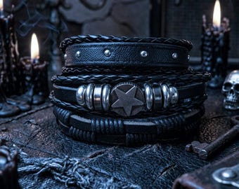 Gothic Star Bracelet Stack -   Adjustable Leather Bracelets - Rocker Biker Jewelry Gift for Him Her