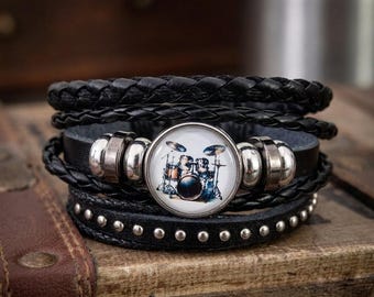 Drummer Leather Bracelet Stack | Modern Percussionist Bracelet | Rockstar Drum Set Jewelry for Men & Women