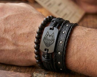 Viking Wolf Head Bracelet Stack | Gothic Adjustable Bracelet | Tribal Alt Jewelry for Men Women