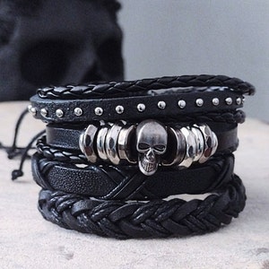 Skull Leather Bracelets, Gothic Skulls Adjustable Bracelets, Emo Bracelets