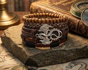 Flying Dragon Leather Bracelet Stack | Medieval Fantasy Cosplay Jewelry | Dragoncore Protector Bracelet for Men Women